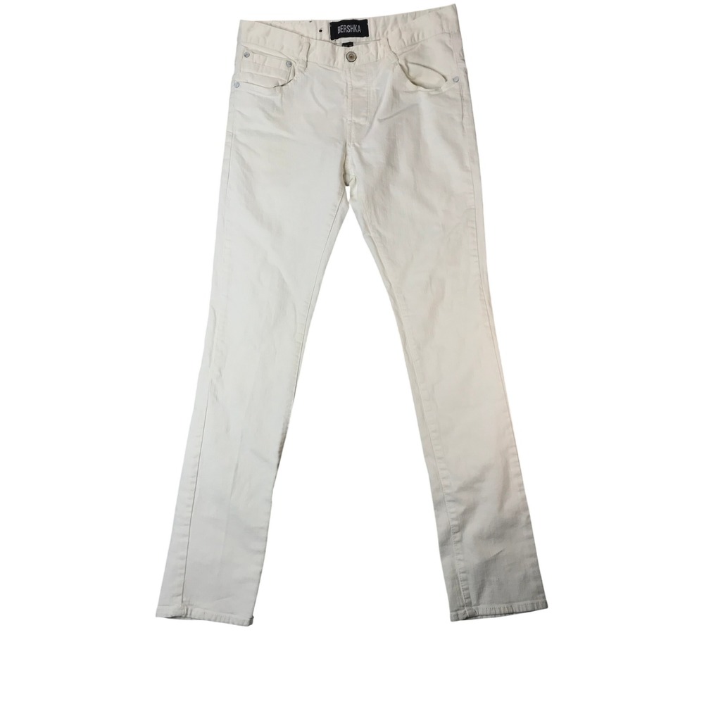 Bershka White Slim Fit Jeans Mens 32x32 Button Fly Mid Rise Cotton Denim Pants